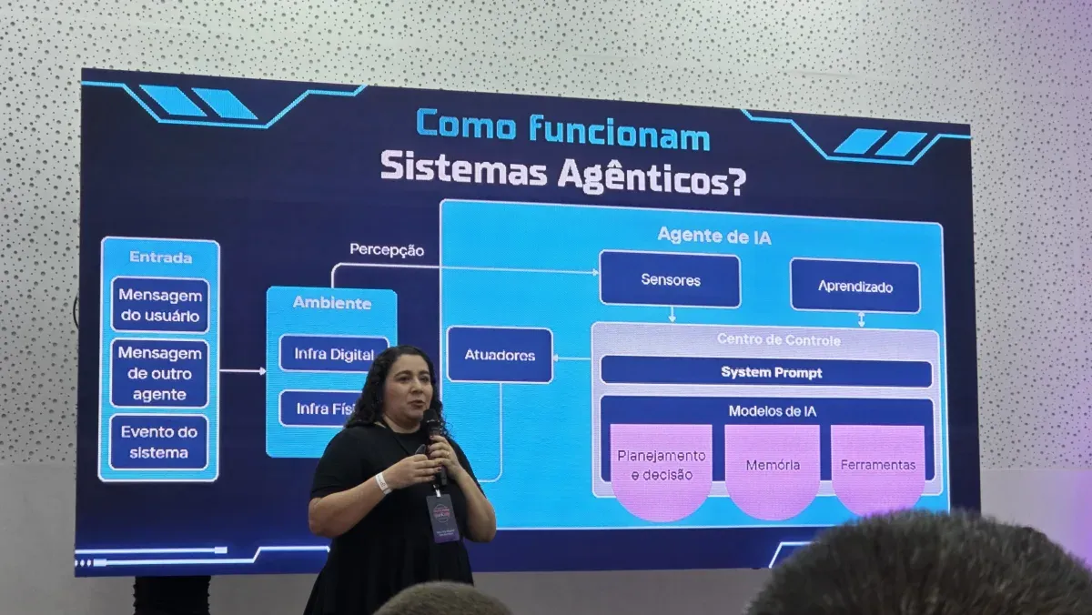 Palestra de Poliana Moraes sobre o funcionamento e segurança em sistemas agênticos de inteligência artificial.