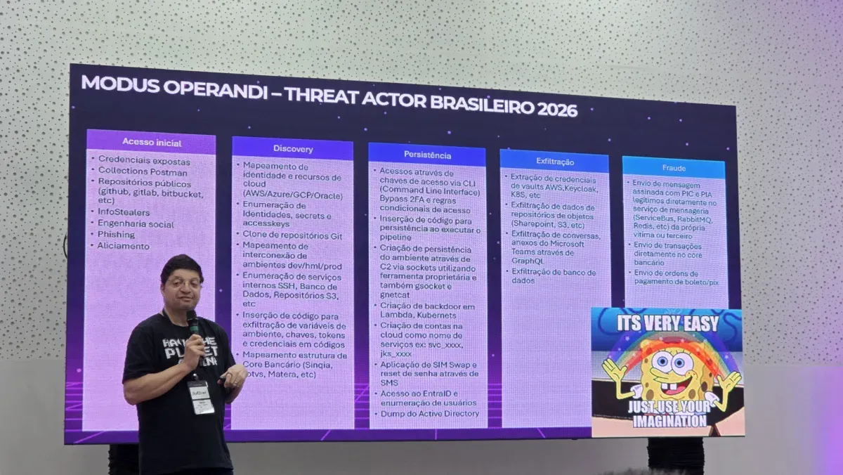 Thiago Bordini apresentando o Modus Operandi dos atacantes cibernéticos no Brasil em 2026.